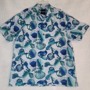 Tommy Bahama 100% Silk Blue and Green Seashell Print Shirt Size Small